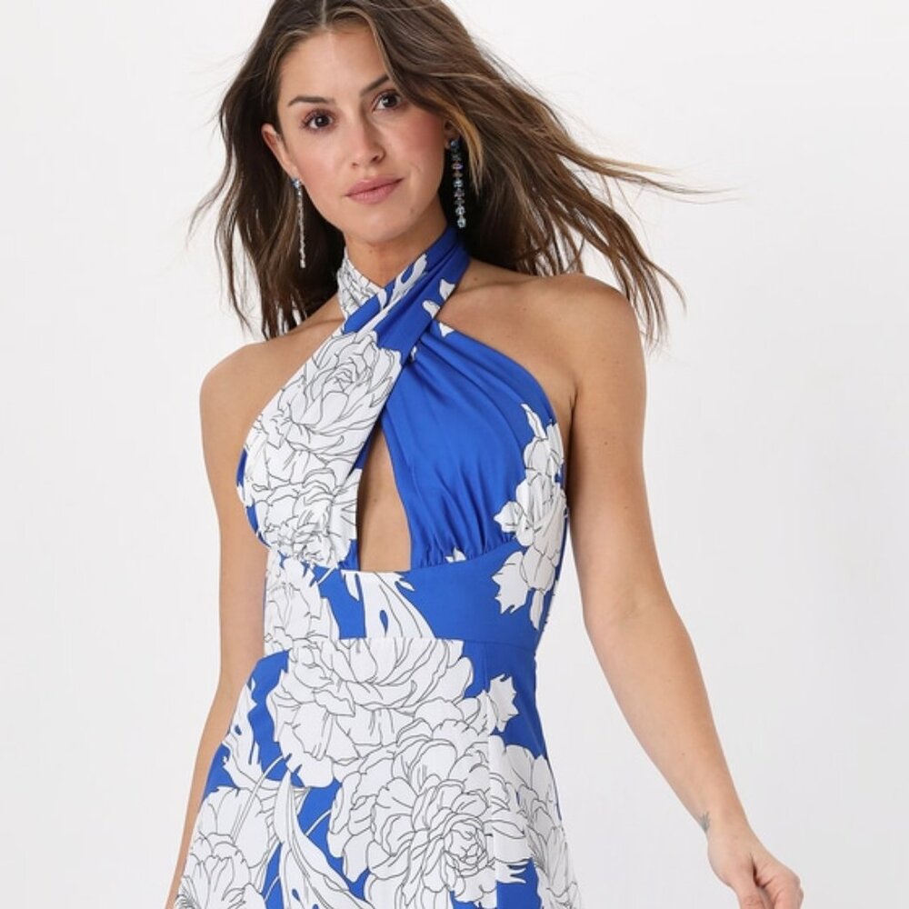 Lulus Impressive Icon Blue Floral Halter Midi Dress - Size L